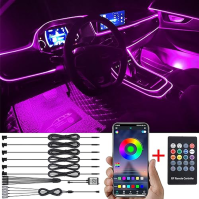 TABEN Car Ambient Lighting Kit 8m Fiber Optic 64 Colours RF Remote Control + APP Control USB Car Footwell Atmosphere Light, DIY 